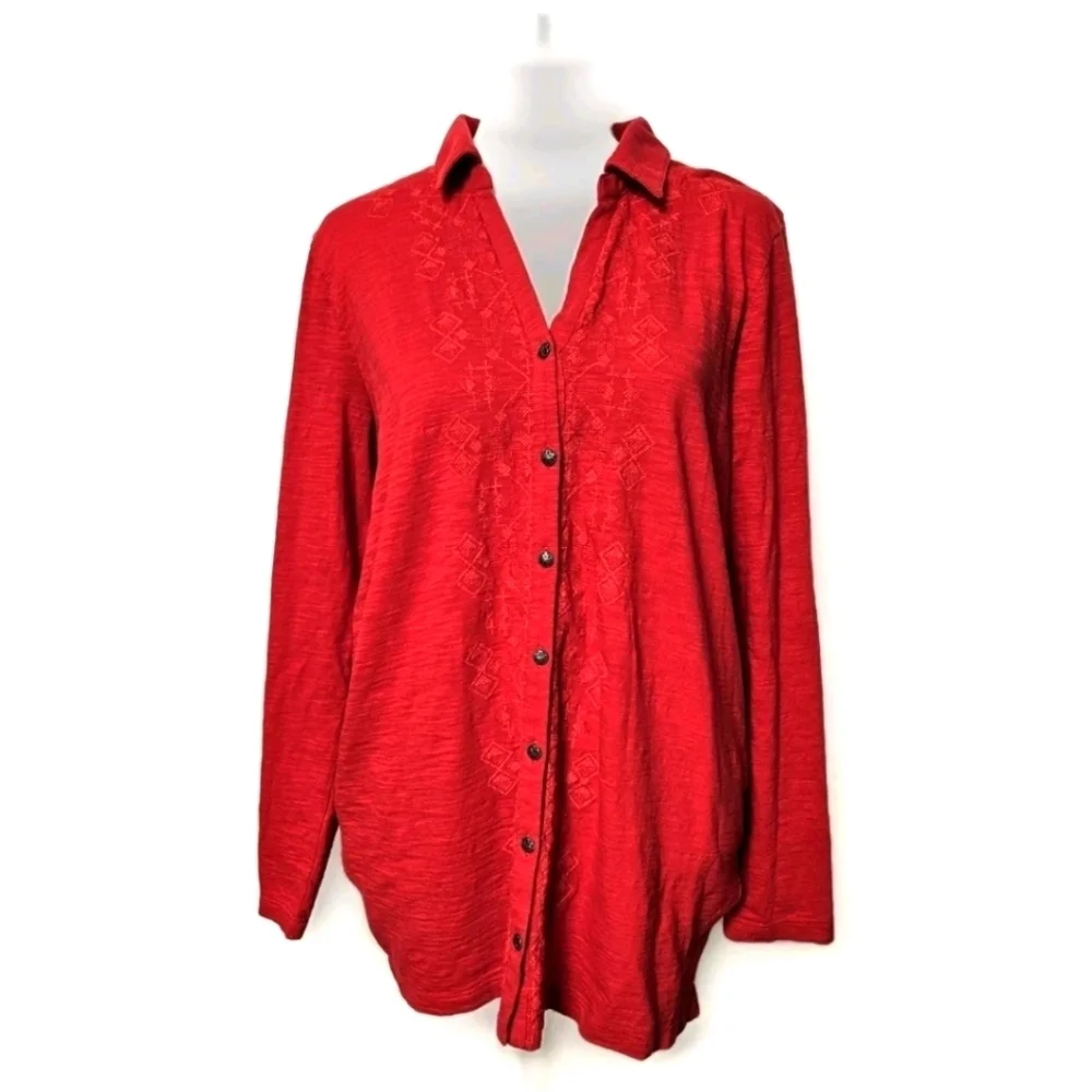 J.Jill Women's Red Embroidered Knit Cotton Button-down Tunic M - Picture 2 of 11